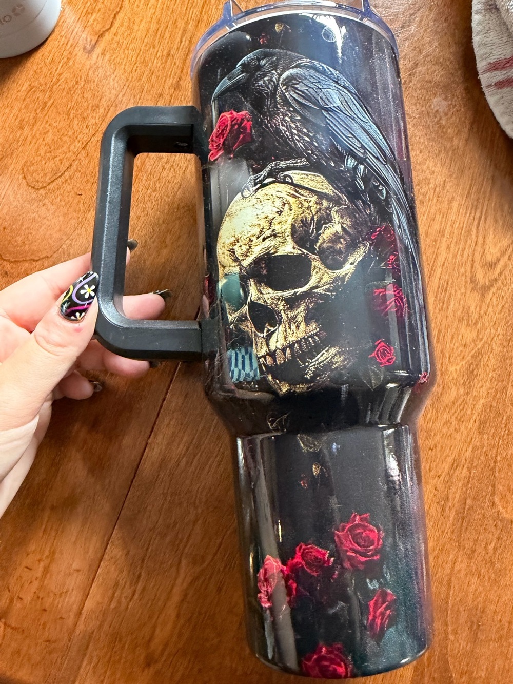 Skull & Raven Travel Tumbler with Red Roses